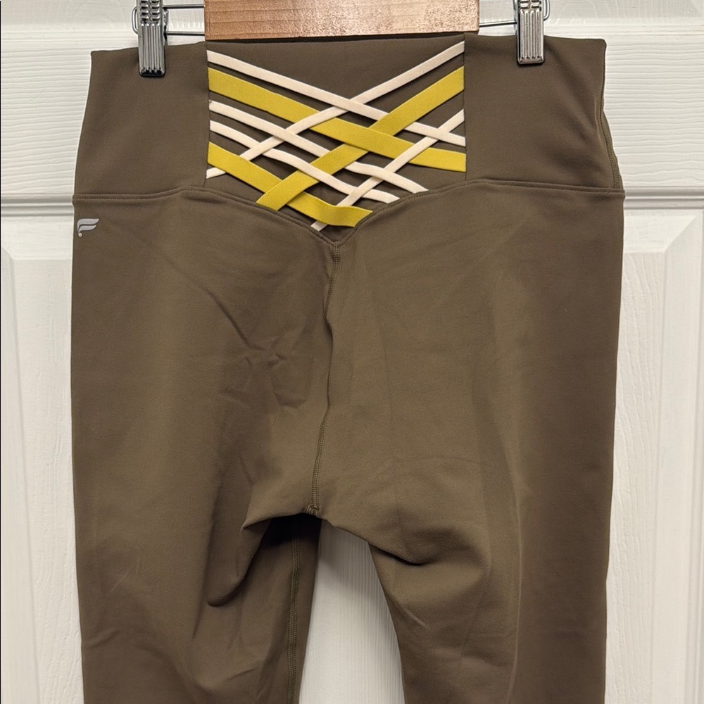 Fabletics Olive Green Leggings with Yellow and Cream Accents